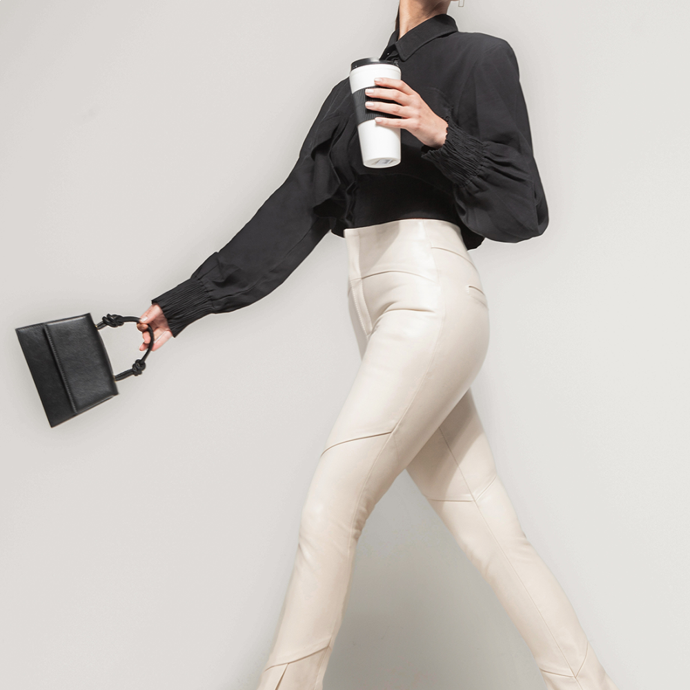 Calça de Couro Legítimo Stretch Jeanne Off-White